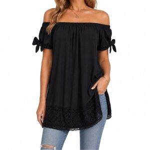 Lulus Black Off Shoulder Top Lace Hem Tie Sleeve Boho Blouse Size S